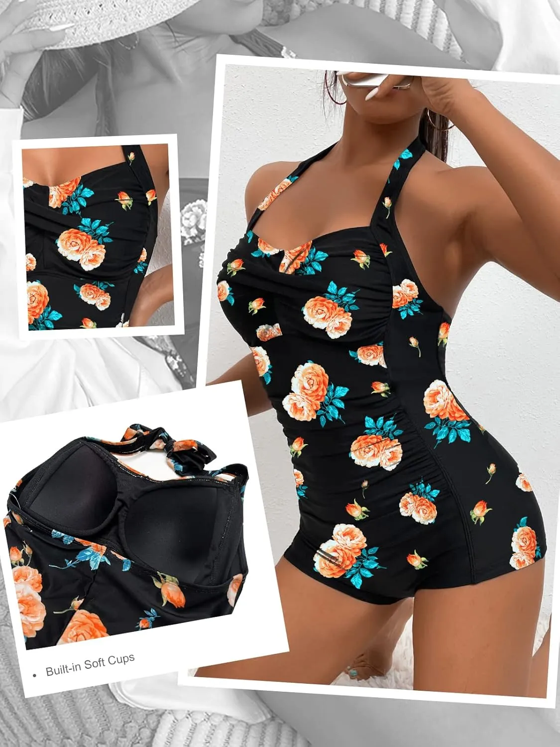MOLYBELL Womens Boyleg Ruched Swimsuit One Piece Bathing Suit Tummy Control