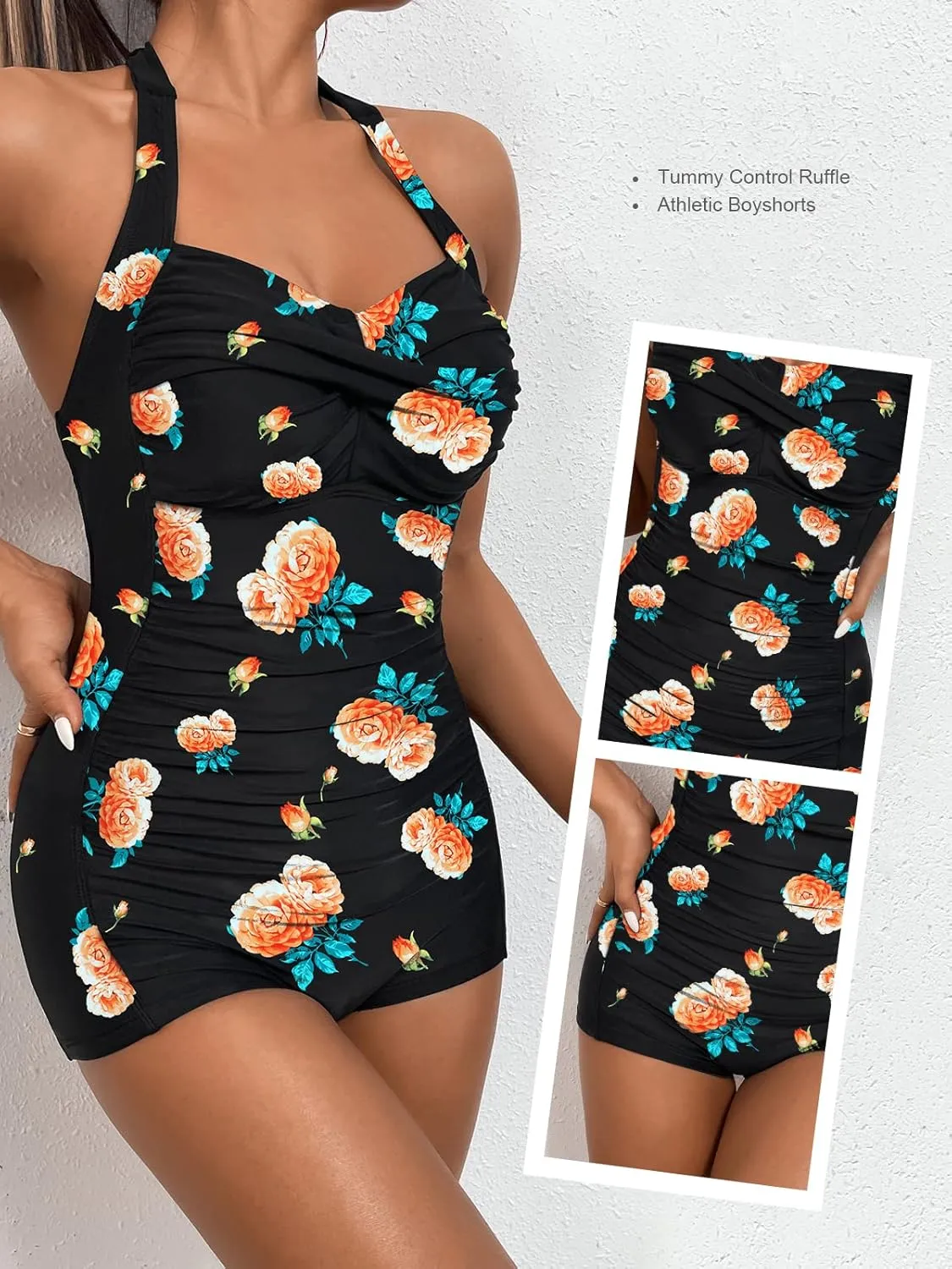 MOLYBELL Womens Boyleg Ruched Swimsuit One Piece Bathing Suit Tummy Control