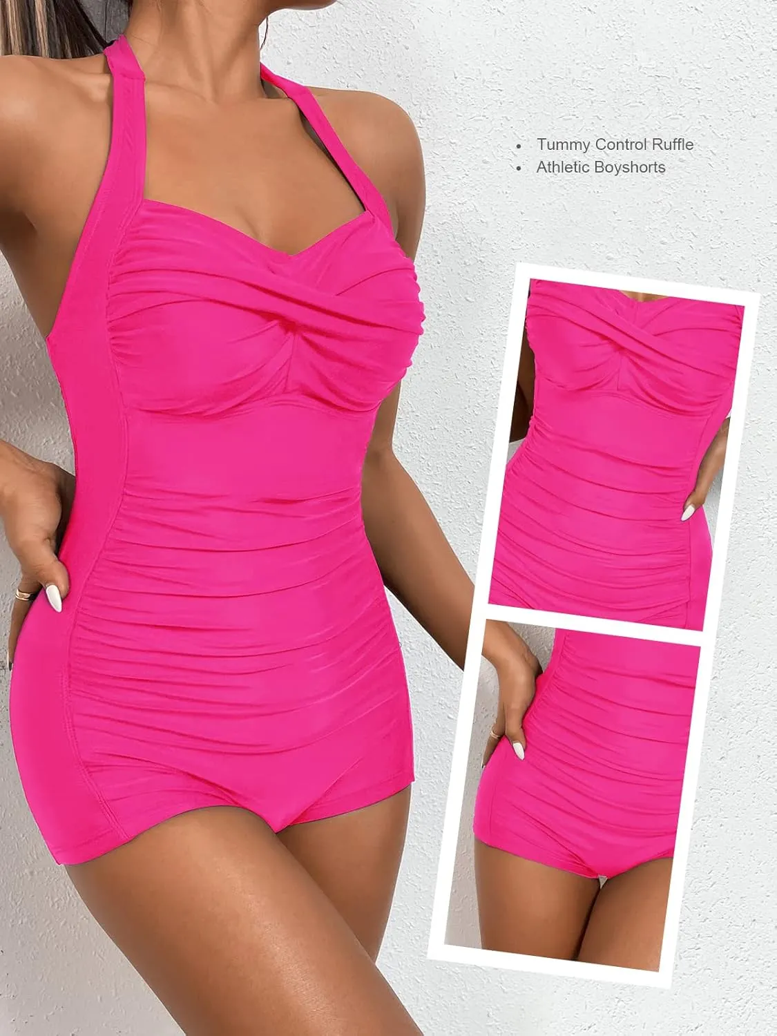 MOLYBELL Womens Boyleg Ruched Swimsuit One Piece Bathing Suit Tummy Control