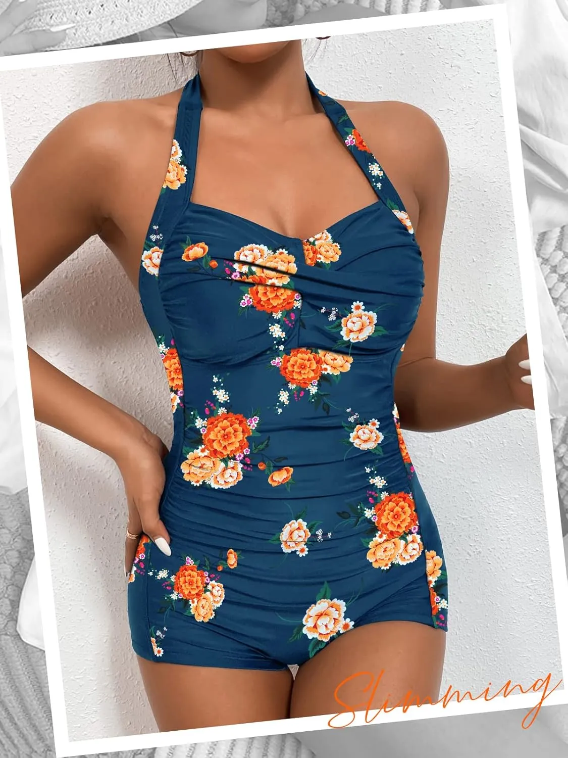 MOLYBELL Womens Boyleg Ruched Swimsuit One Piece Bathing Suit Tummy Control