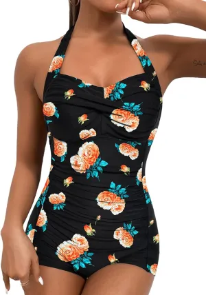MOLYBELL Womens Boyleg Ruched Swimsuit One Piece Bathing Suit Tummy Control