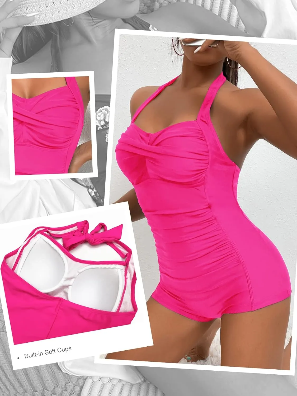 MOLYBELL Womens Boyleg Ruched Swimsuit One Piece Bathing Suit Tummy Control