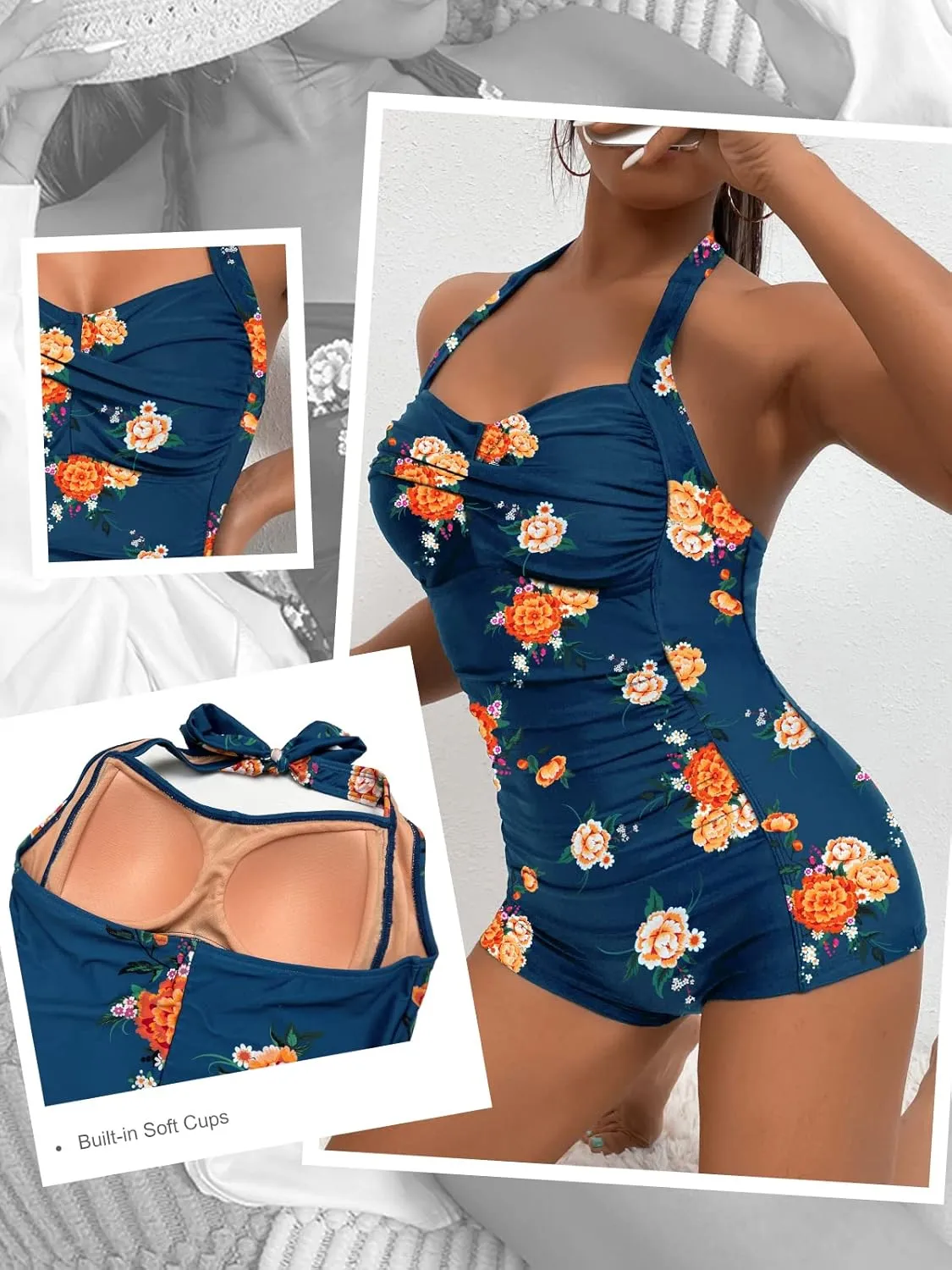 MOLYBELL Womens Boyleg Ruched Swimsuit One Piece Bathing Suit Tummy Control