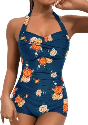 MOLYBELL Womens Boyleg Ruched Swimsuit One Piece Bathing Suit Tummy Control