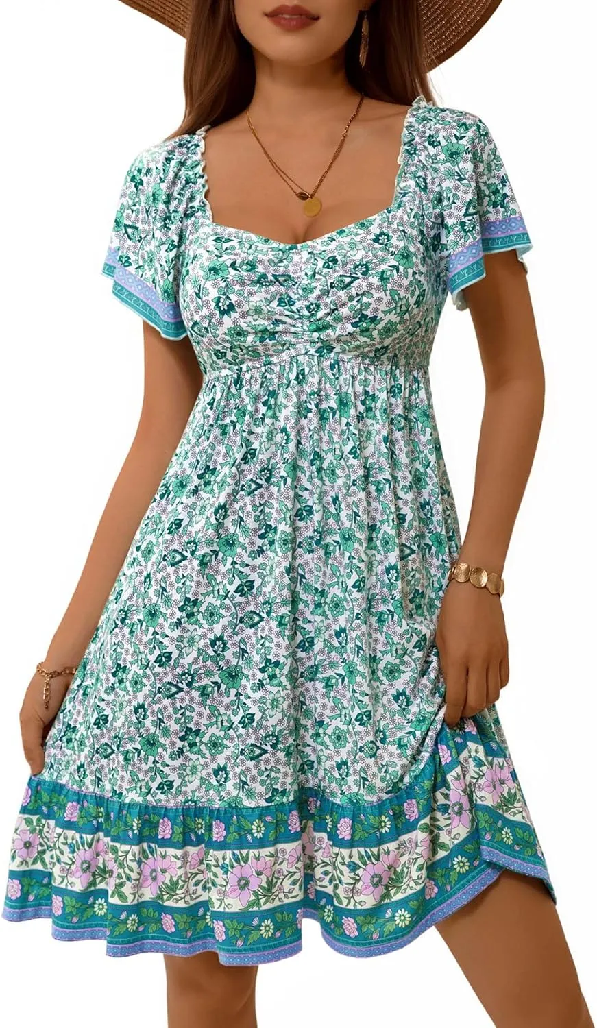 MSBASIC Womens Summer Dresses Sweetheart Neckline Boho Sundress Midi Ruffle Sleeve Vacation Dress