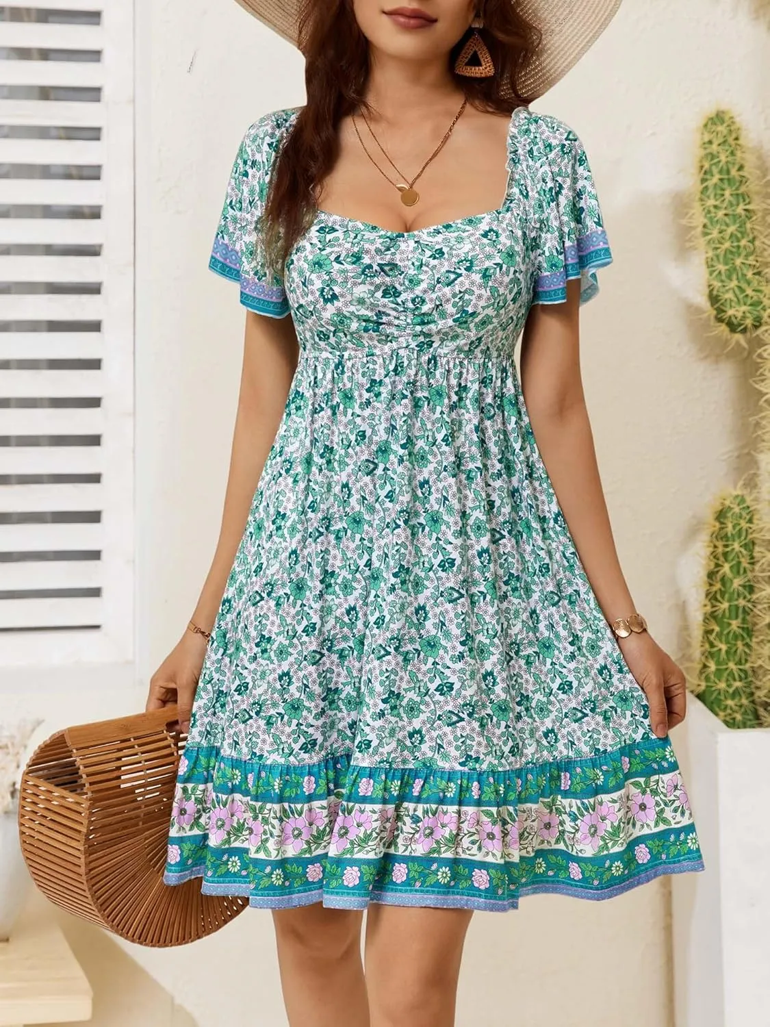 MSBASIC Womens Summer Dresses Sweetheart Neckline Boho Sundress Midi Ruffle Sleeve Vacation Dress