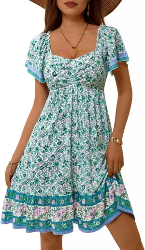 MSBASIC Womens Summer Dresses Sweetheart Neckline Boho Sundress Midi Ruffle Sleeve Vacation Dress