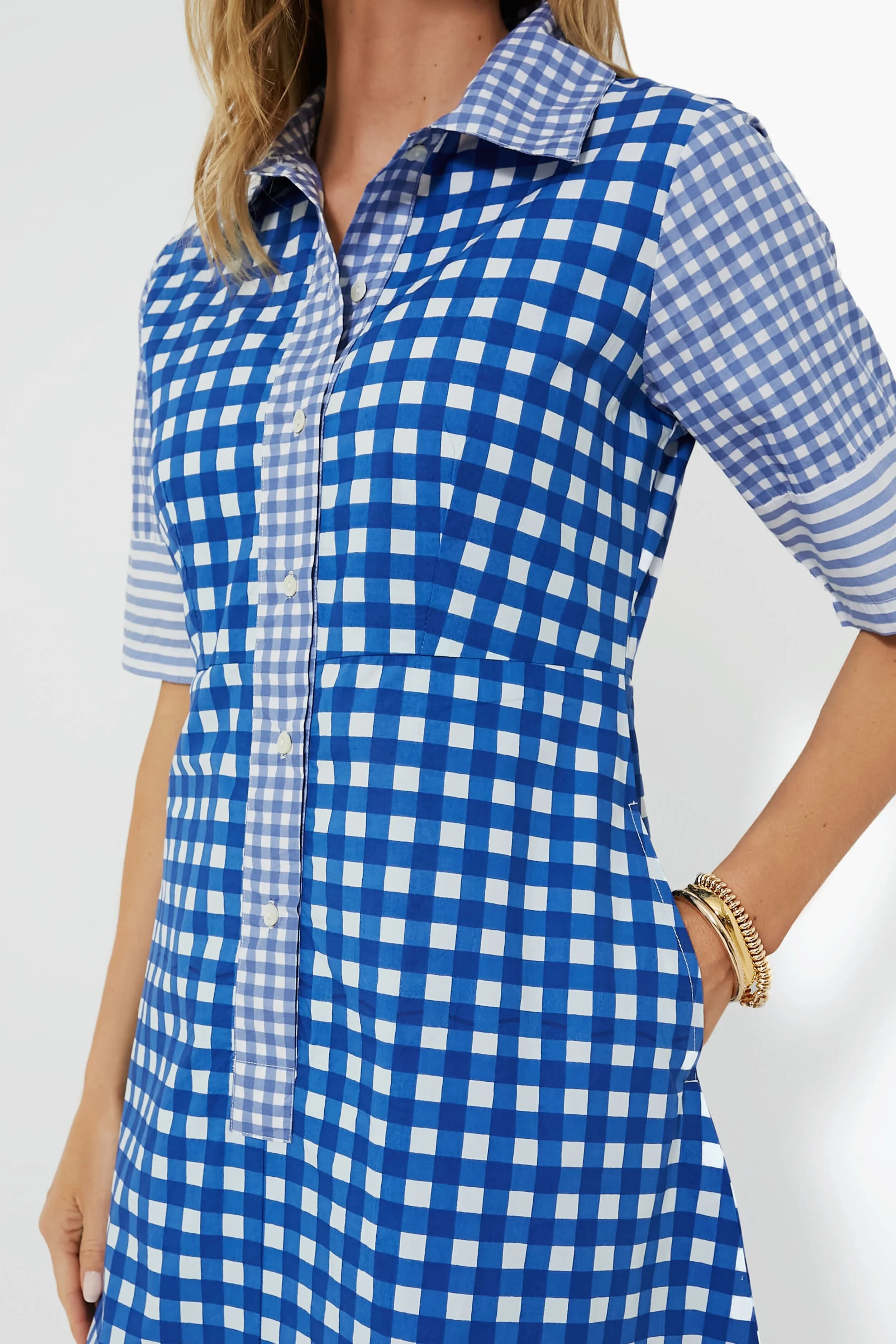 Navy Gingham 3/4 Shirt Midi Dress