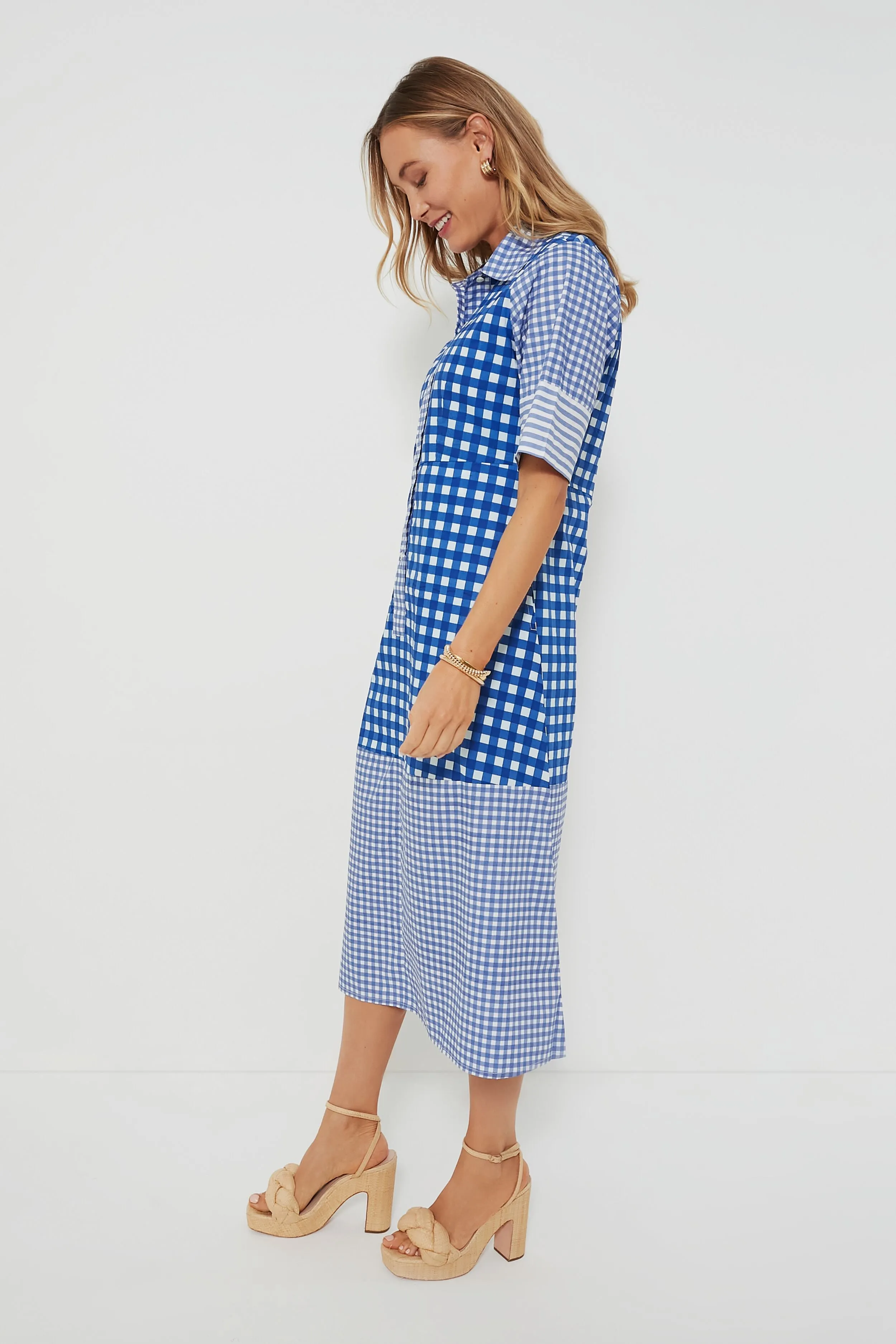 Navy Gingham 3/4 Shirt Midi Dress