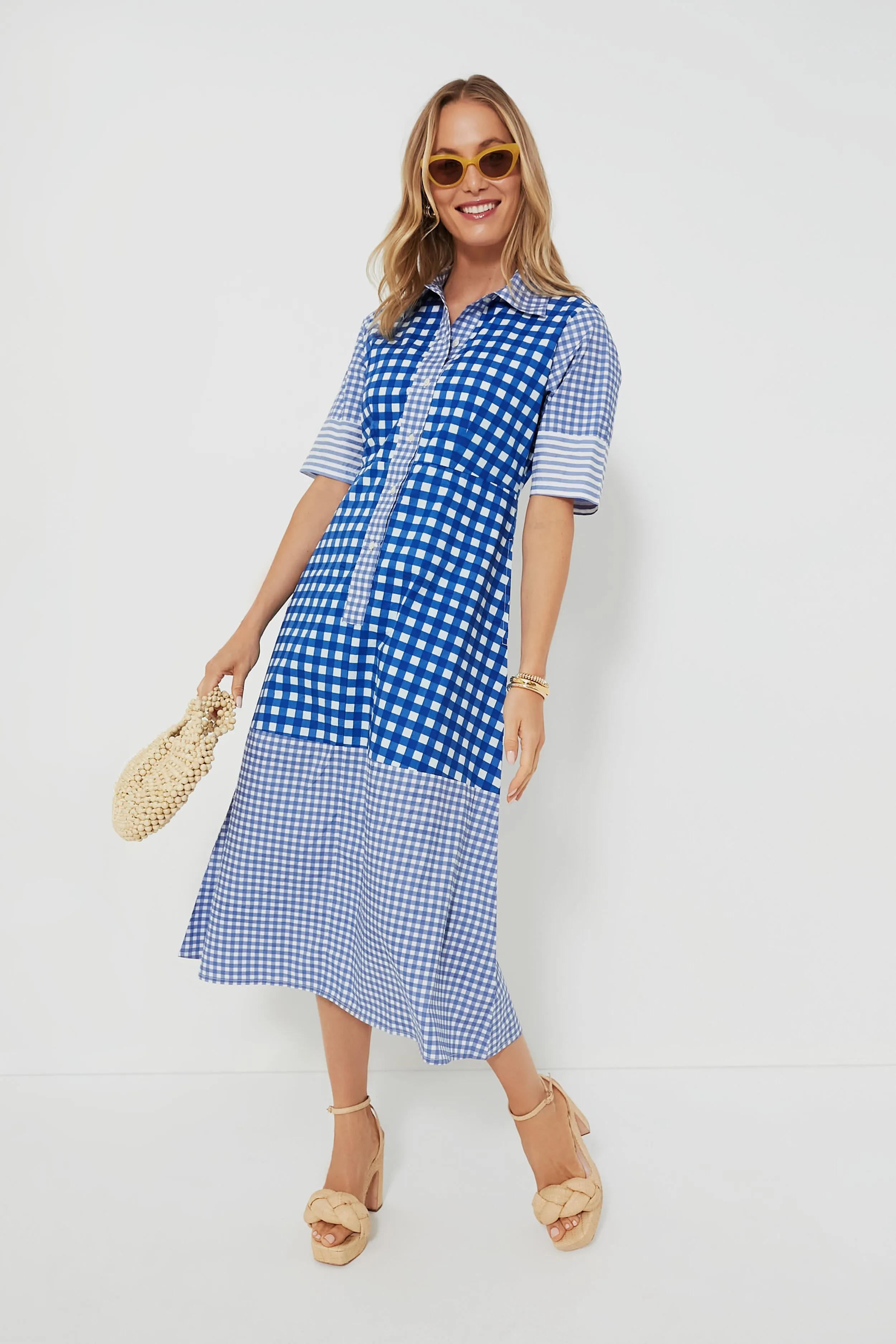 Navy Gingham 3/4 Shirt Midi Dress