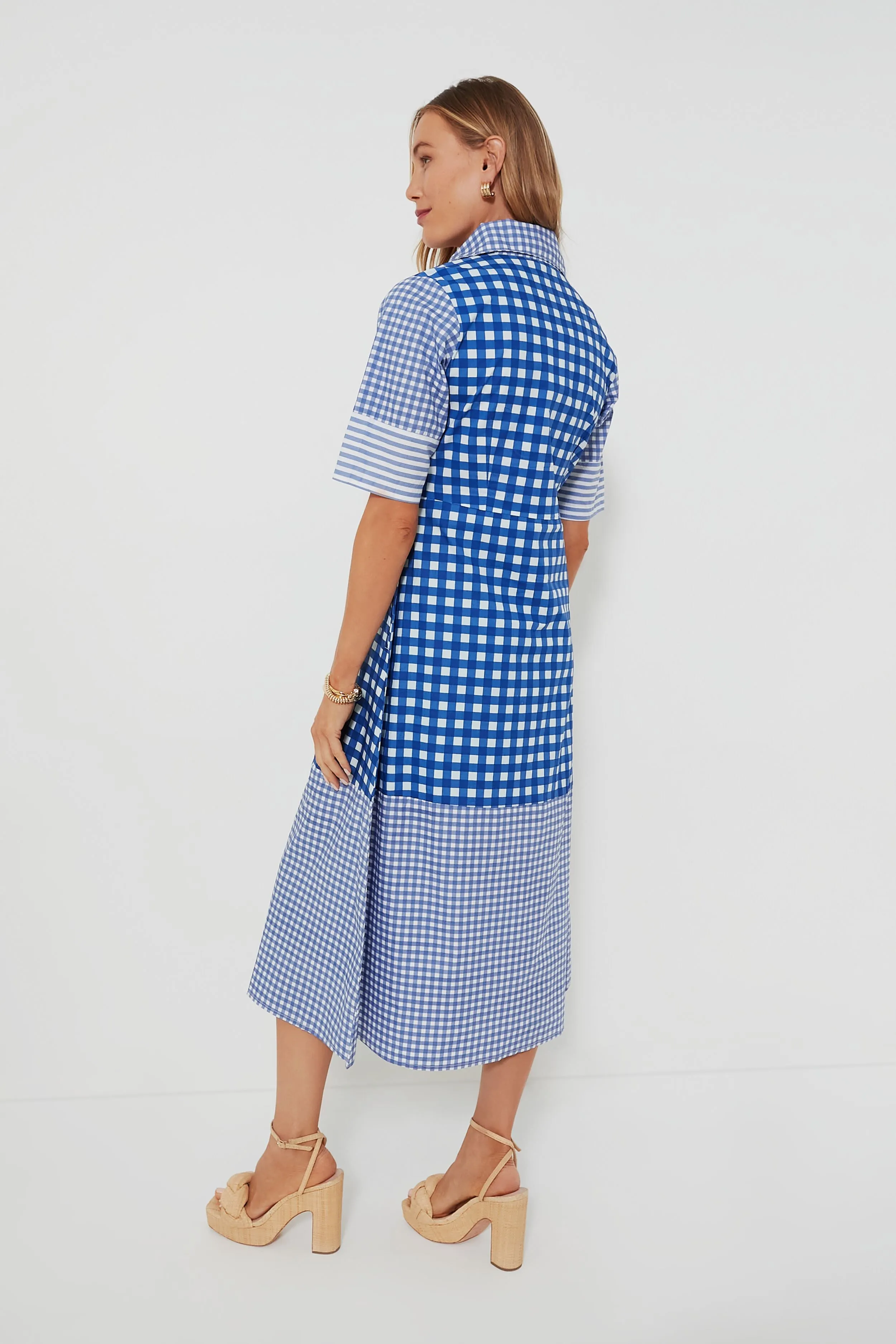 Navy Gingham 3/4 Shirt Midi Dress