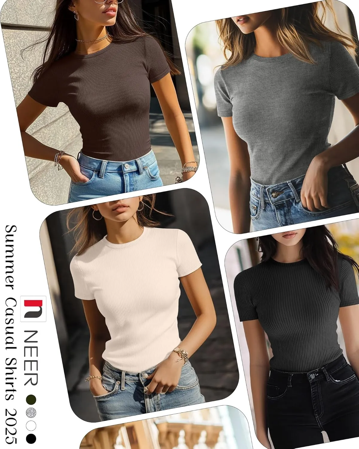 Neer 4 Pack Women's Short Sleeve T-Shirts, Crew Neck Ribbed Knit Slim Fitted Shirts Cotton Summer Solid Basic Tees Tight Tops