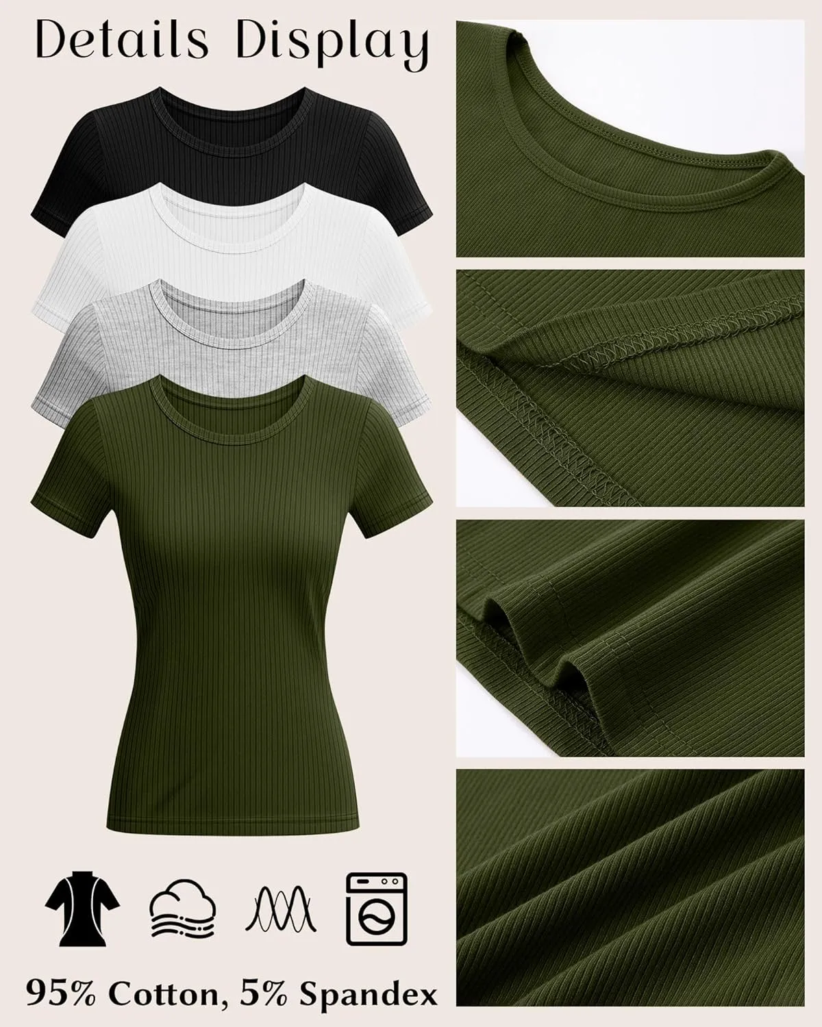 Neer 4 Pack Women's Short Sleeve T-Shirts, Crew Neck Ribbed Knit Slim Fitted Shirts Cotton Summer Solid Basic Tees Tight Tops