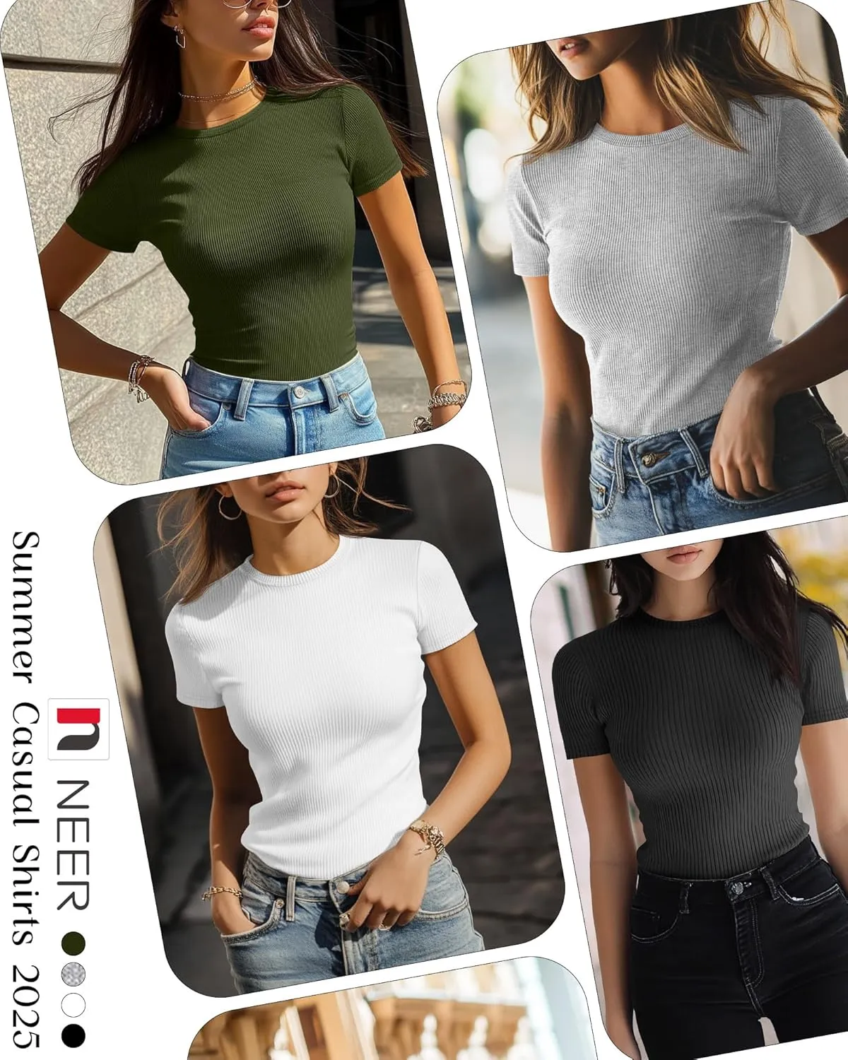 Neer 4 Pack Women's Short Sleeve T-Shirts, Crew Neck Ribbed Knit Slim Fitted Shirts Cotton Summer Solid Basic Tees Tight Tops