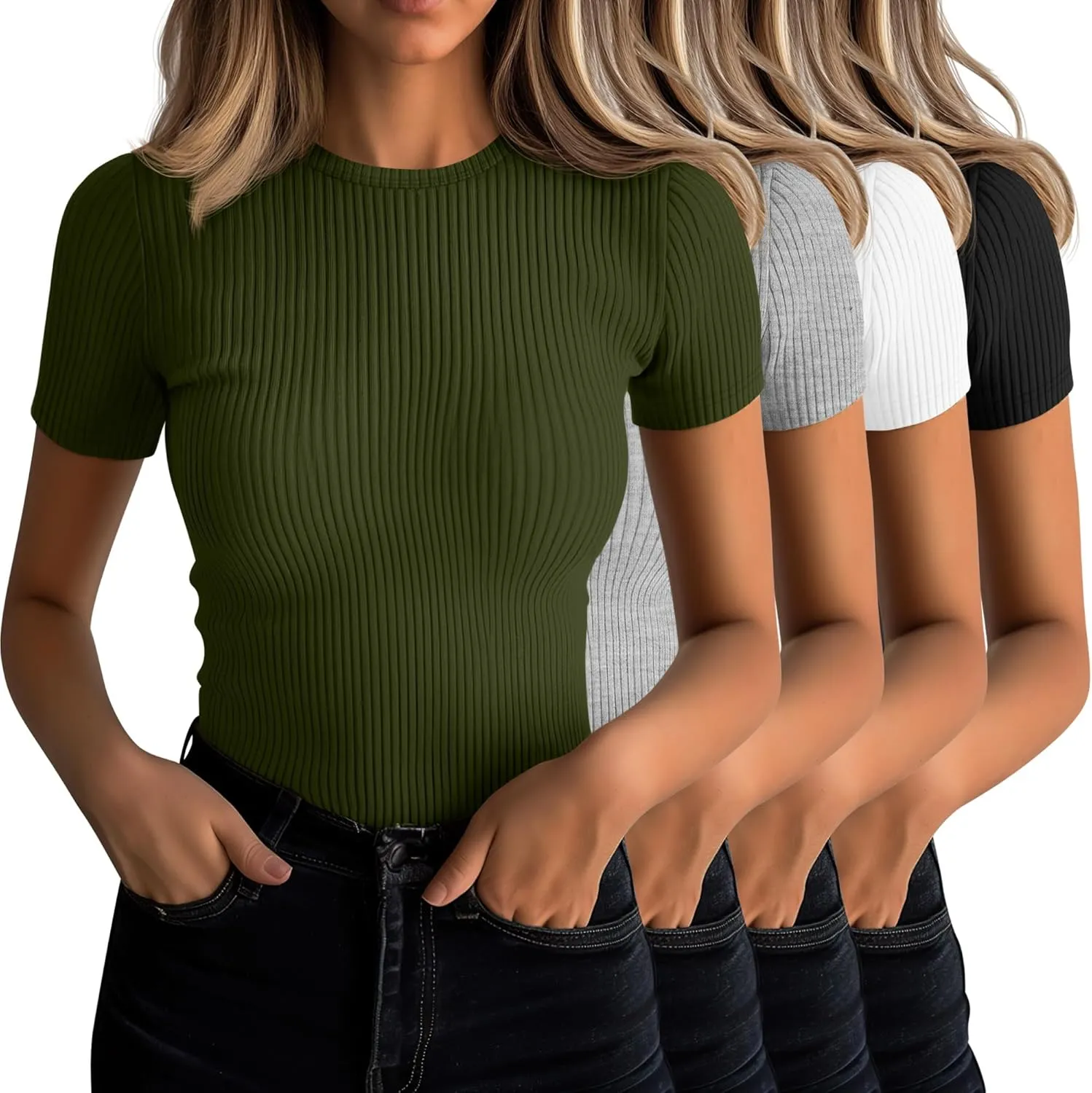 Neer 4 Pack Women's Short Sleeve T-Shirts, Crew Neck Ribbed Knit Slim Fitted Shirts Cotton Summer Solid Basic Tees Tight Tops