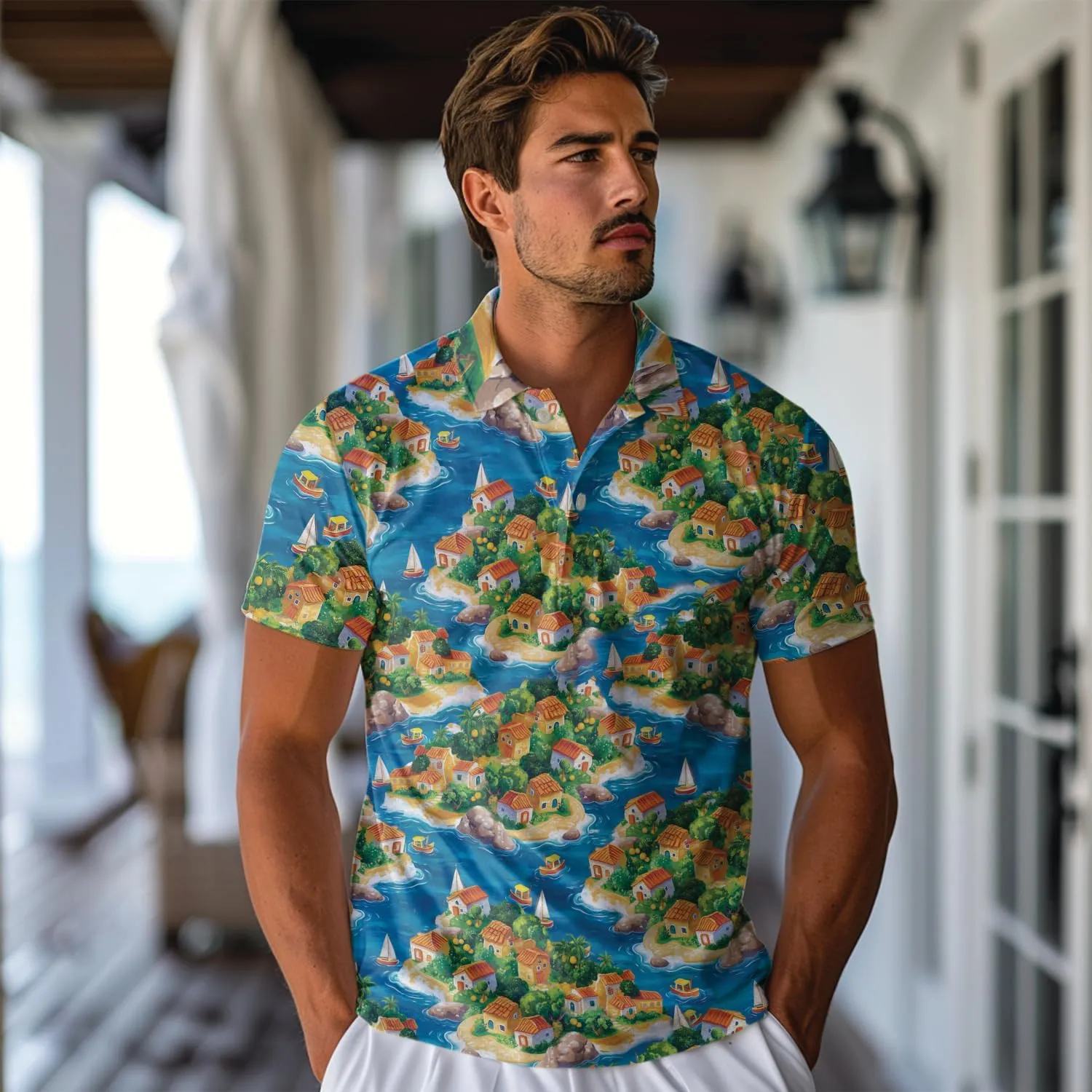 Oceans Polo Shirts for Men - Beach Lover Stylish Mens Goft Shirt Casual Short Sleeve Button Down Outfit Set 46