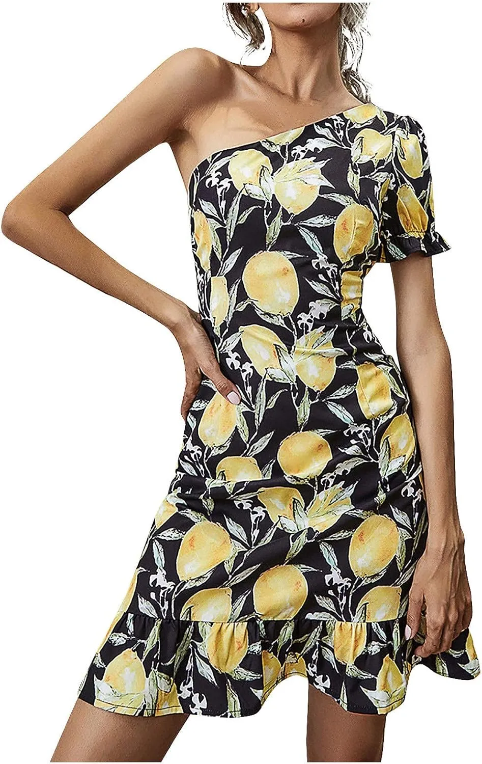 One Shoulder Party Dresses for Women Casual Floral Mini Dresses Sexy Slim Cocktail Dresses Short Sleeve Ruffle Dresses