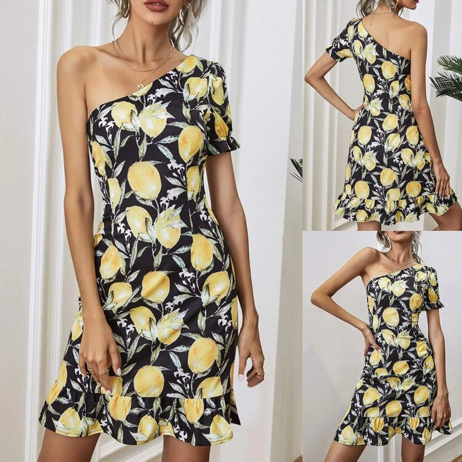 One Shoulder Party Dresses for Women Casual Floral Mini Dresses Sexy Slim Cocktail Dresses Short Sleeve Ruffle Dresses