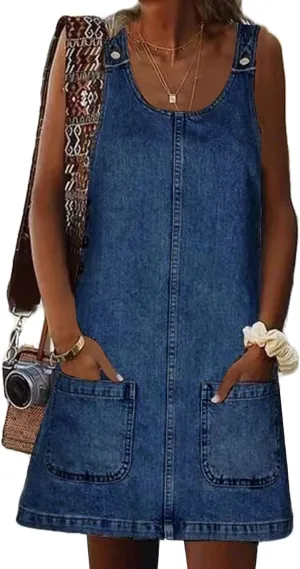 Overall Dress for Women Denim Dress Denim Overall Round Neck Skirtall Jean Dress Denim Jumper Dress Pinafore