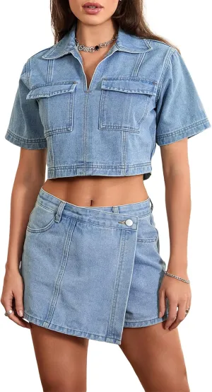 Owl's-Yard Womens 2 Piece Denim Outfits y2k Short Sleeve Lapel Jean Tops Asymmetrical Shorts Set Streetwear
