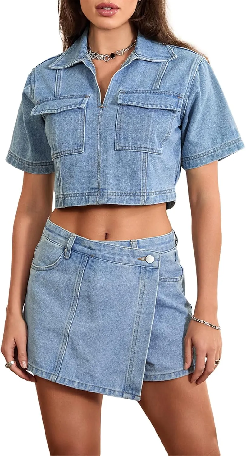 Owl's-Yard Womens 2 Piece Denim Outfits y2k Short Sleeve Lapel Jean Tops Asymmetrical Shorts Set Streetwear