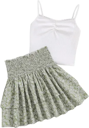 OYOANGLE Girl's 2 Piece Summer Outfits Spaghetti Strap Lace Trim Camisole and Floral Ruffle Layered Skirts Set