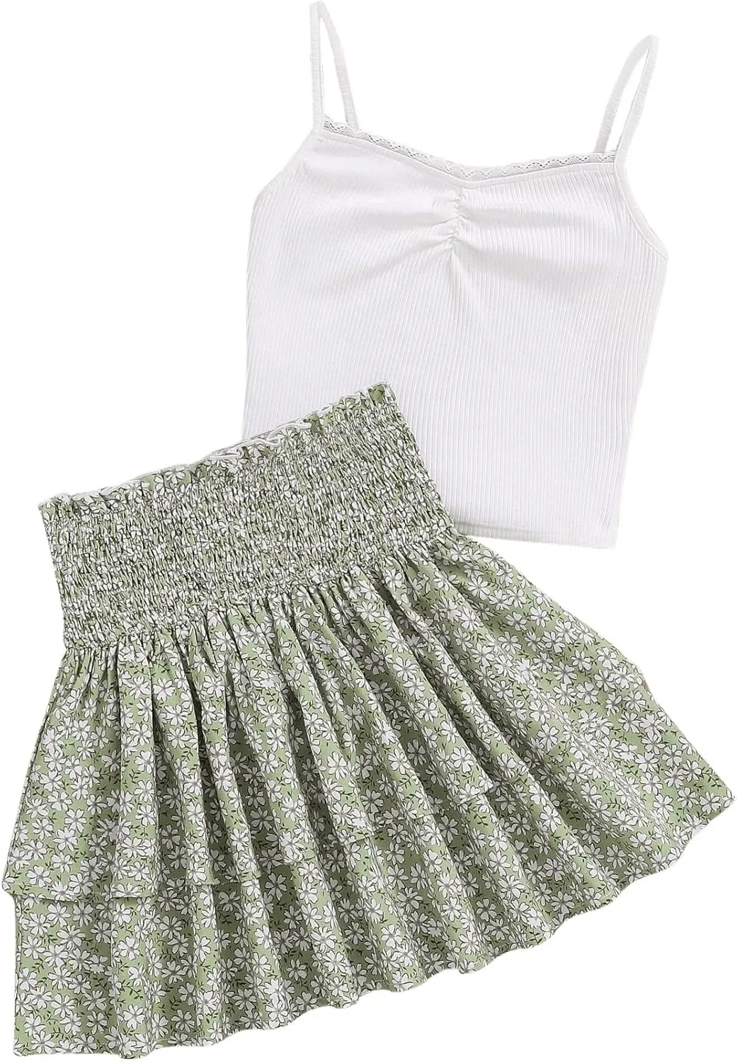 OYOANGLE Girl's 2 Piece Summer Outfits Spaghetti Strap Lace Trim Camisole and Floral Ruffle Layered Skirts Set