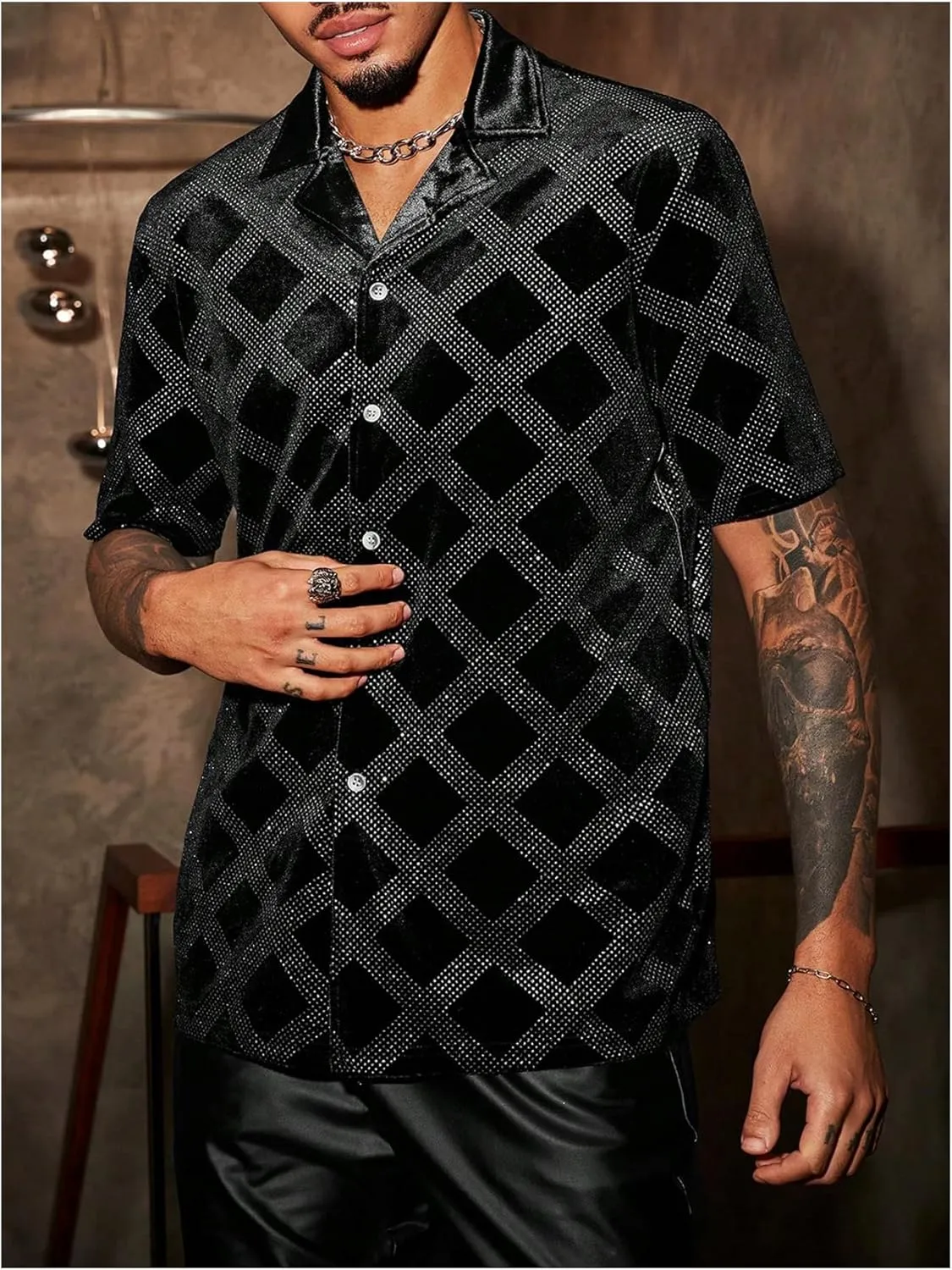 OYOANGLE Men's Rhinestone Sparkly Plaid Button Down Shirt Party Short Sleeve Collared Shirts
