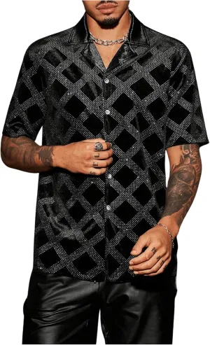 OYOANGLE Men's Rhinestone Sparkly Plaid Button Down Shirt Party Short Sleeve Collared Shirts