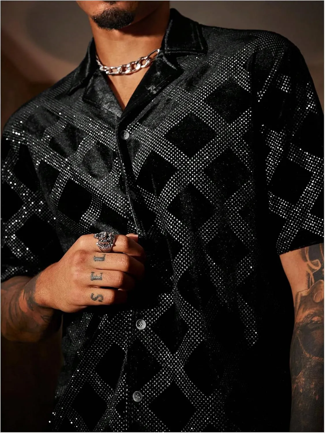 OYOANGLE Men's Rhinestone Sparkly Plaid Button Down Shirt Party Short Sleeve Collared Shirts