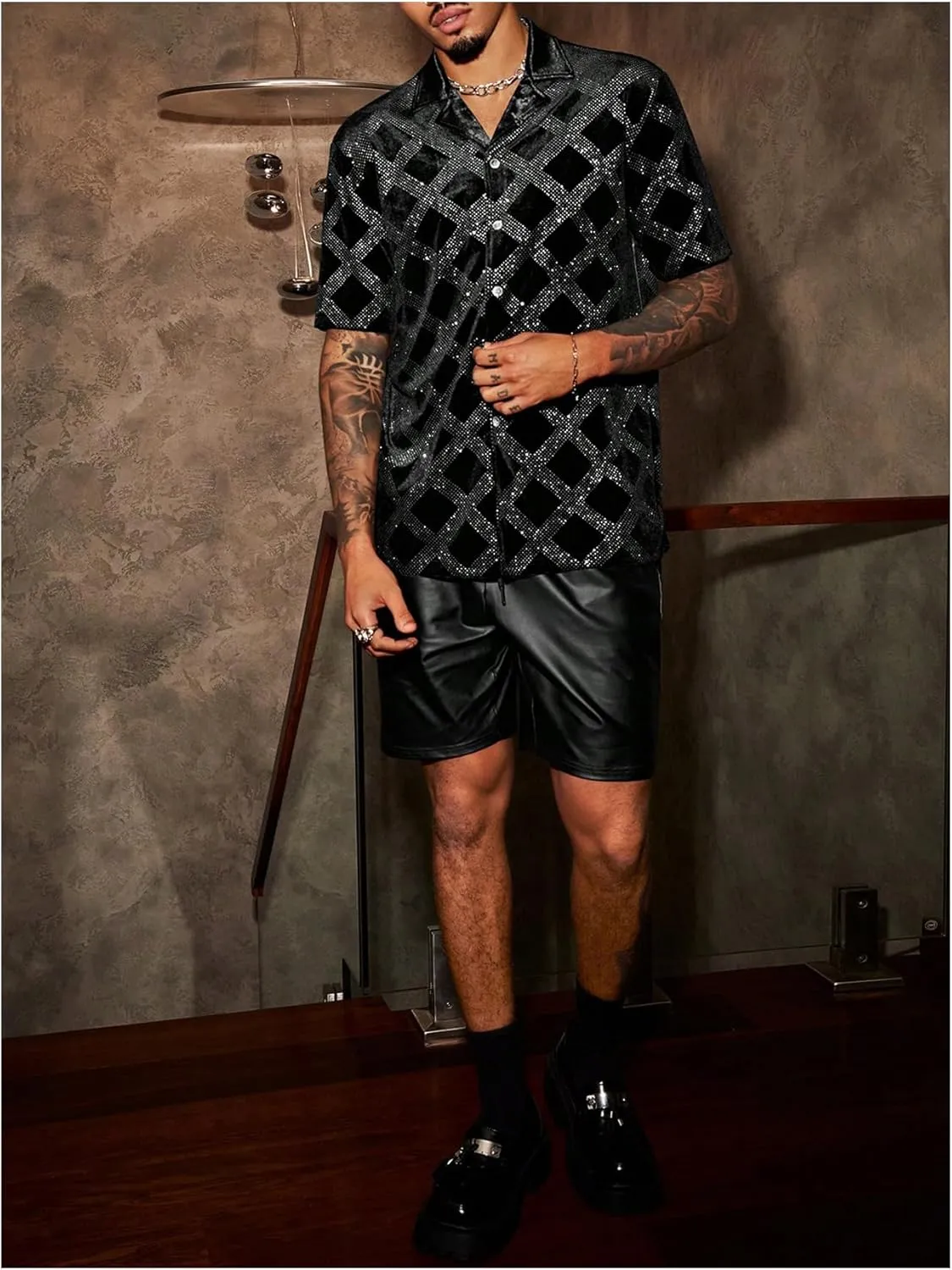 OYOANGLE Men's Rhinestone Sparkly Plaid Button Down Shirt Party Short Sleeve Collared Shirts