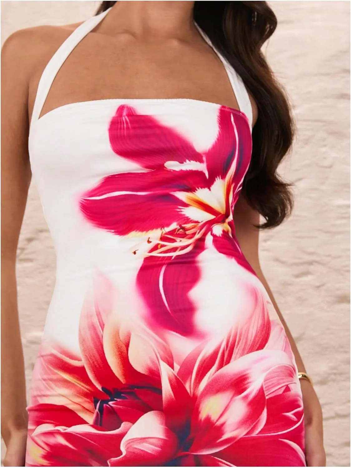 OYOANGLE Women's Floral Print Y2K Mini Dress Halter Neck Sleeveless Fitted Short Dresses