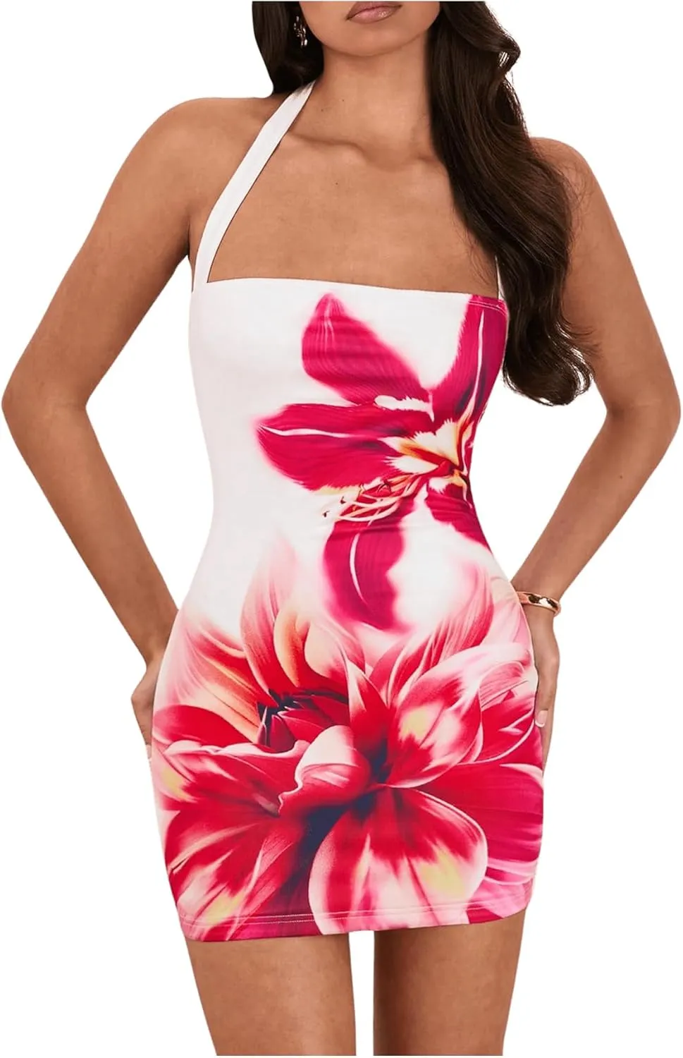 OYOANGLE Women's Floral Print Y2K Mini Dress Halter Neck Sleeveless Fitted Short Dresses