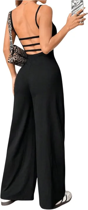 OYOANGLE Women's Scoop Neck Open Back Long Pants Jumpsuits Spaghetti Strap Overalls Summer Outfits