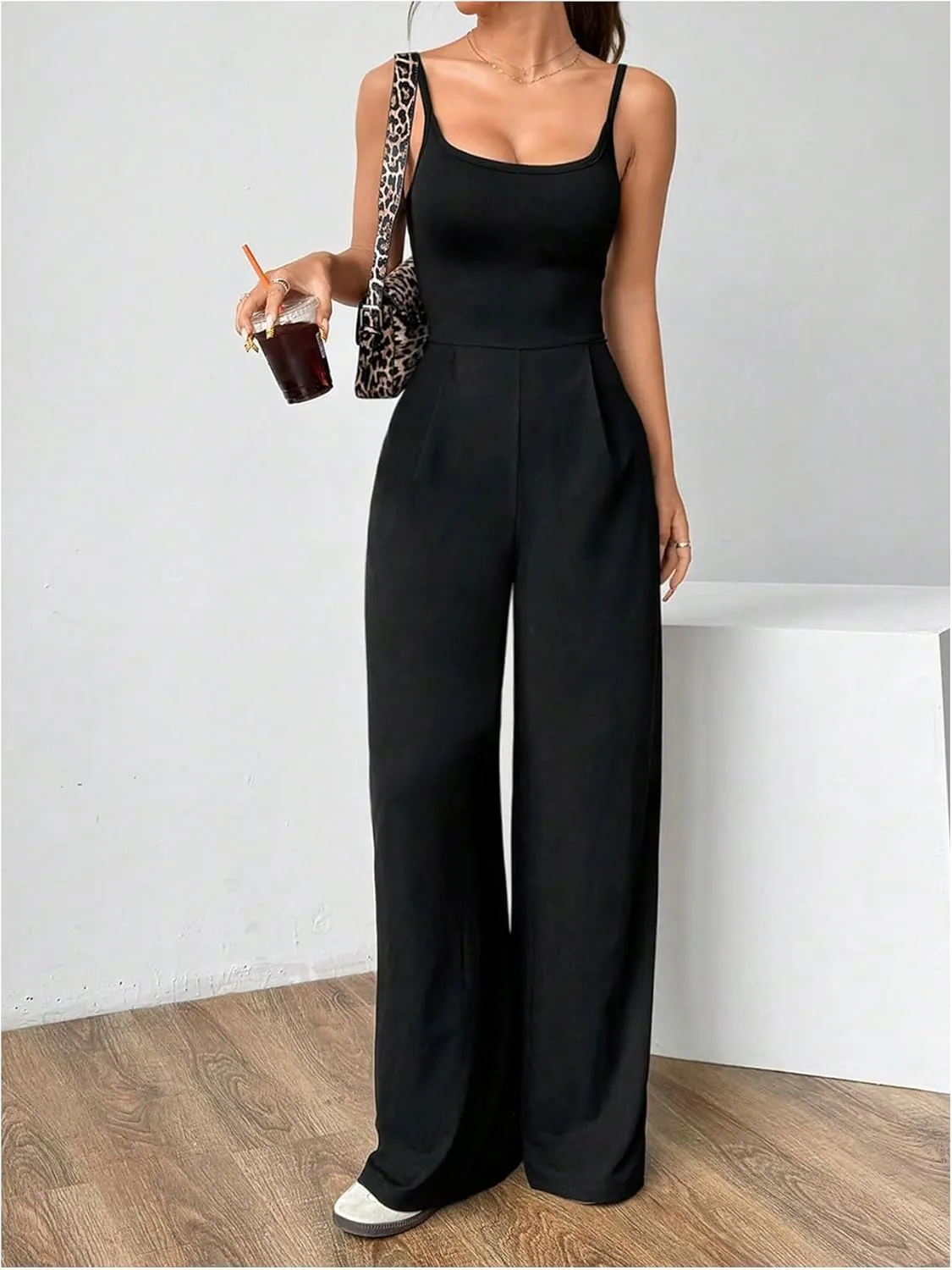 OYOANGLE Women's Scoop Neck Open Back Long Pants Jumpsuits Spaghetti Strap Overalls Summer Outfits