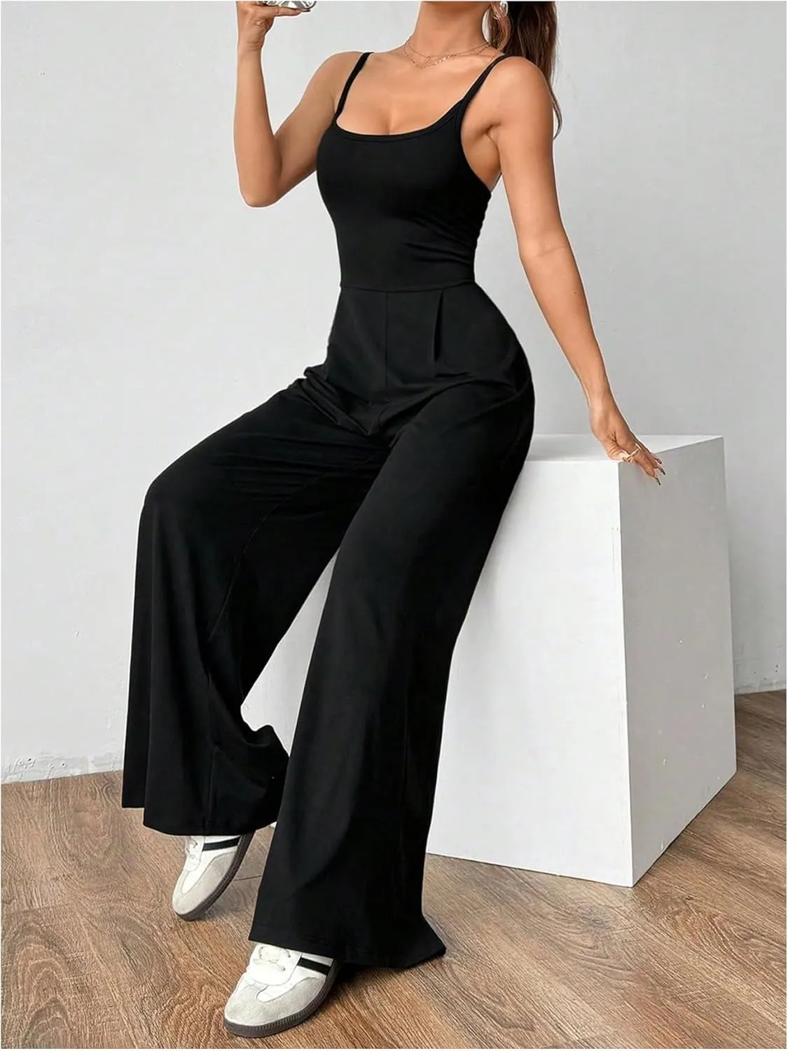 OYOANGLE Women's Scoop Neck Open Back Long Pants Jumpsuits Spaghetti Strap Overalls Summer Outfits