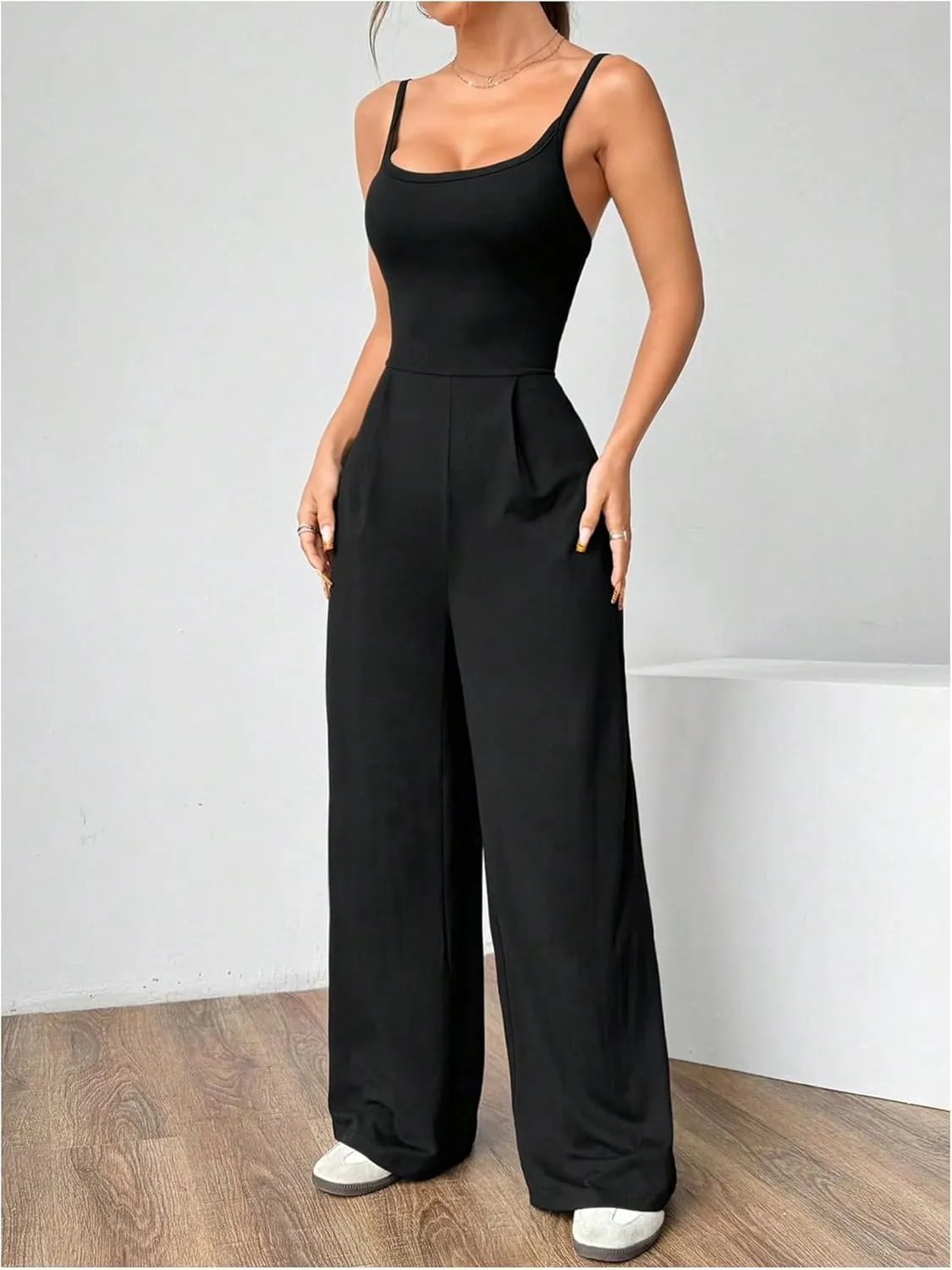 OYOANGLE Women's Scoop Neck Open Back Long Pants Jumpsuits Spaghetti Strap Overalls Summer Outfits