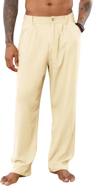 PASLTER Mens Casual Cotton Linen Pants Loose Fit Elastic Waist Yoga Beach Trousers with Pockets