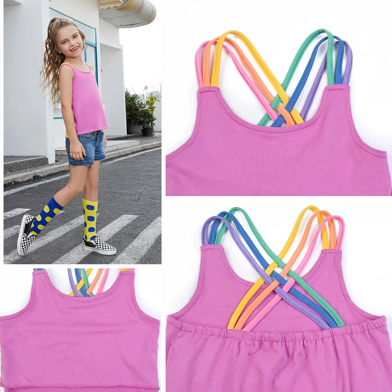 Perfashion Girls Tank Tops Rainbow Camisole High Low Hem Basic Shirt Yoga Gymnastics Dancewear for 4-13 Years