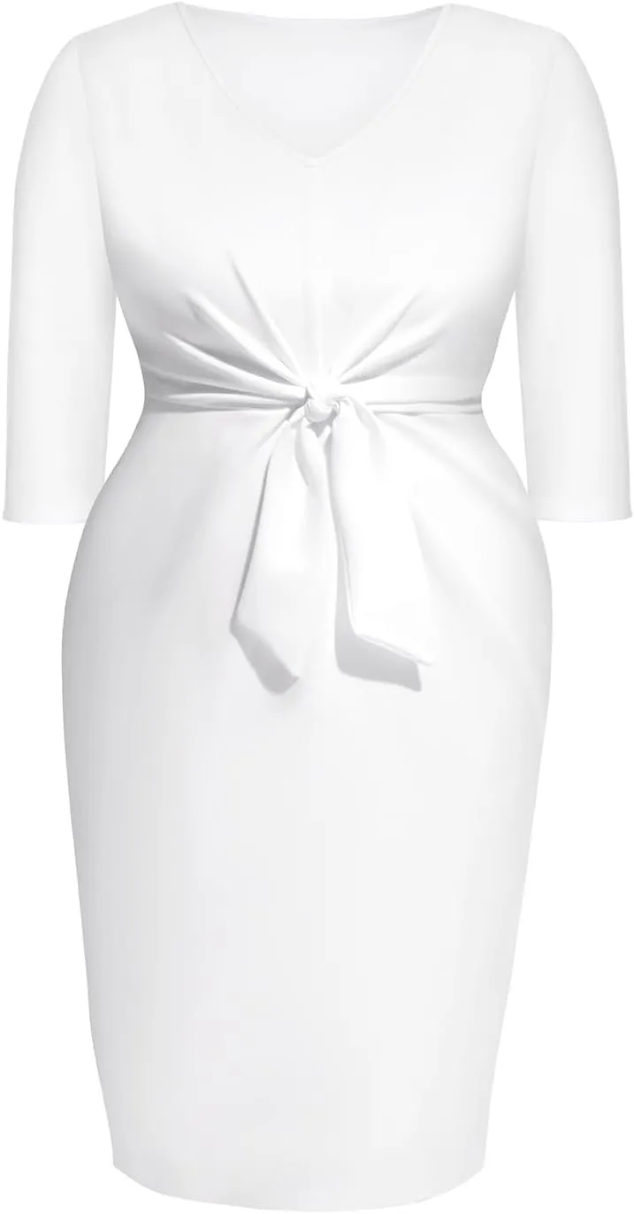 Pinup Fashion Women Plus Size Work Dresses - Wedding Guest Cocktail Semi Formal Tie Waist Sheath Dress