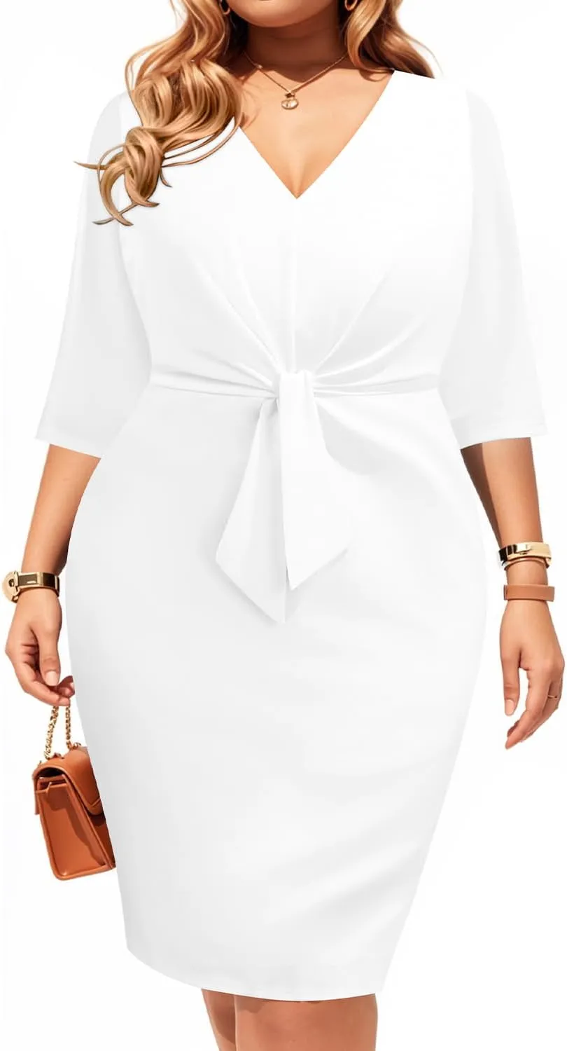 Pinup Fashion Women Plus Size Work Dresses - Wedding Guest Cocktail Semi Formal Tie Waist Sheath Dress