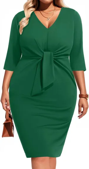Pinup Fashion Women Plus Size Work Dresses - Wedding Guest Cocktail Semi Formal Tie Waist Sheath Dress