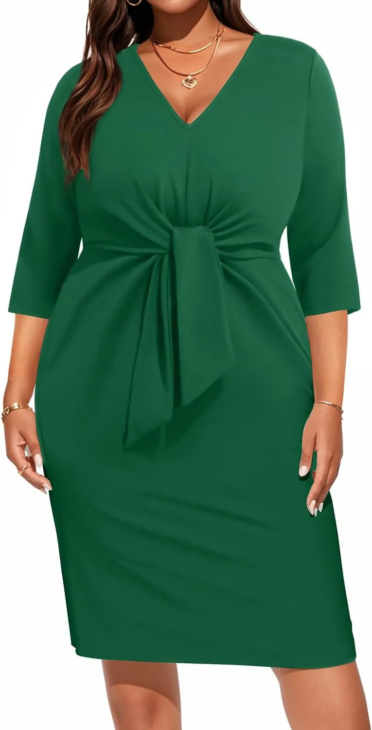 Pinup Fashion Women Plus Size Work Dresses - Wedding Guest Cocktail Semi Formal Tie Waist Sheath Dress