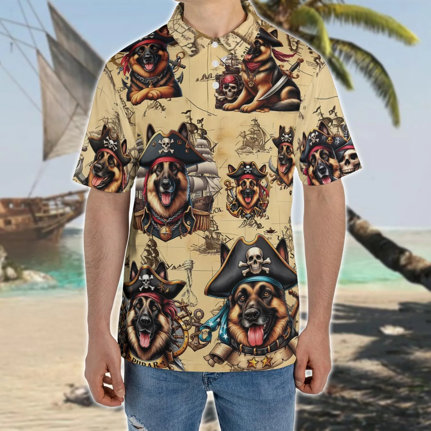Pirate Dog Polo Shirts for Men - Sea Pirate Men's Regular Fit Quick Dry Golf Polo Shirt Series 14