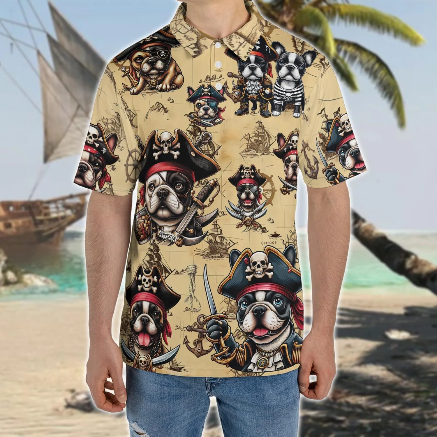 Pirate Dog Polo Shirts for Men - Sea Pirate Men's Regular Fit Quick Dry Golf Polo Shirt Series 14
