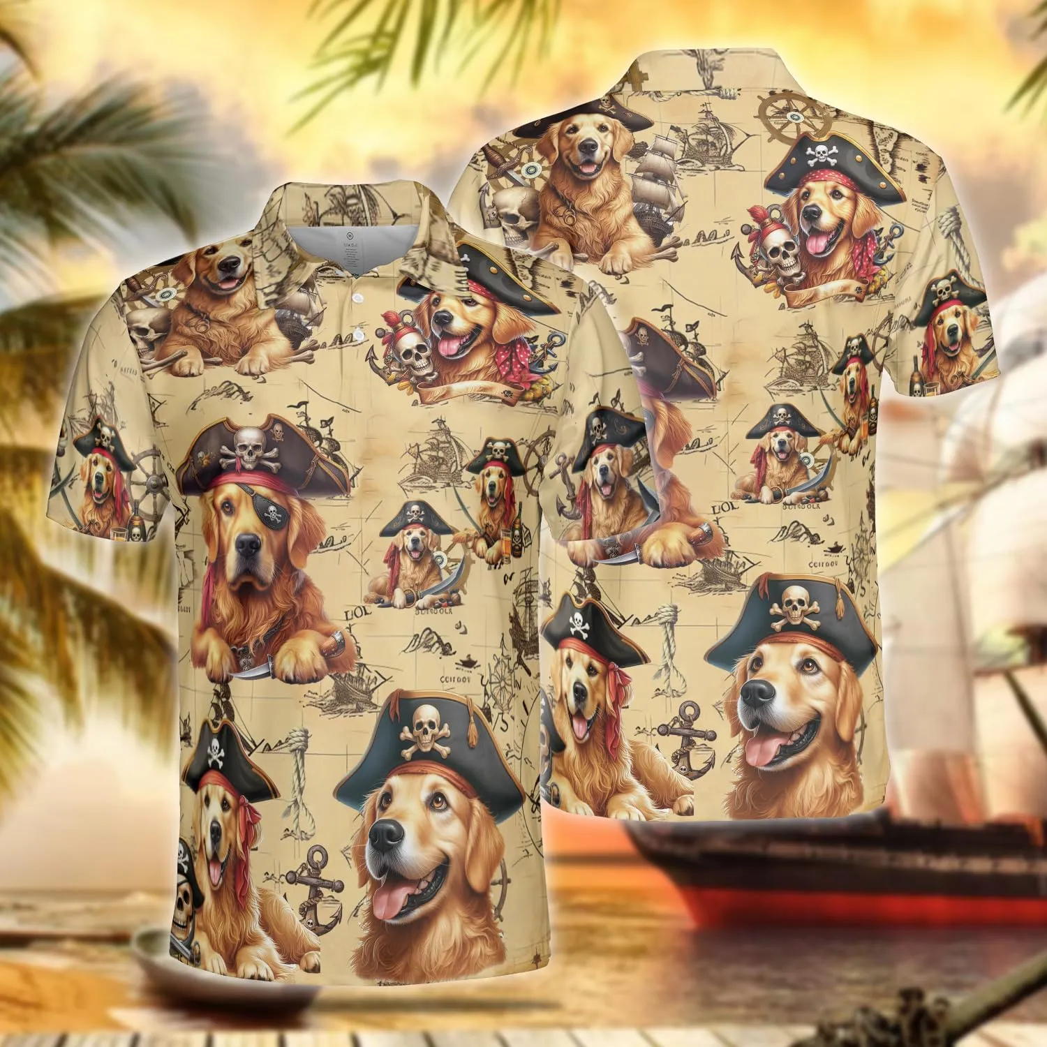 Pirate Dog Polo Shirts for Men - Sea Pirate Men's Regular Fit Quick Dry Golf Polo Shirt Series 14