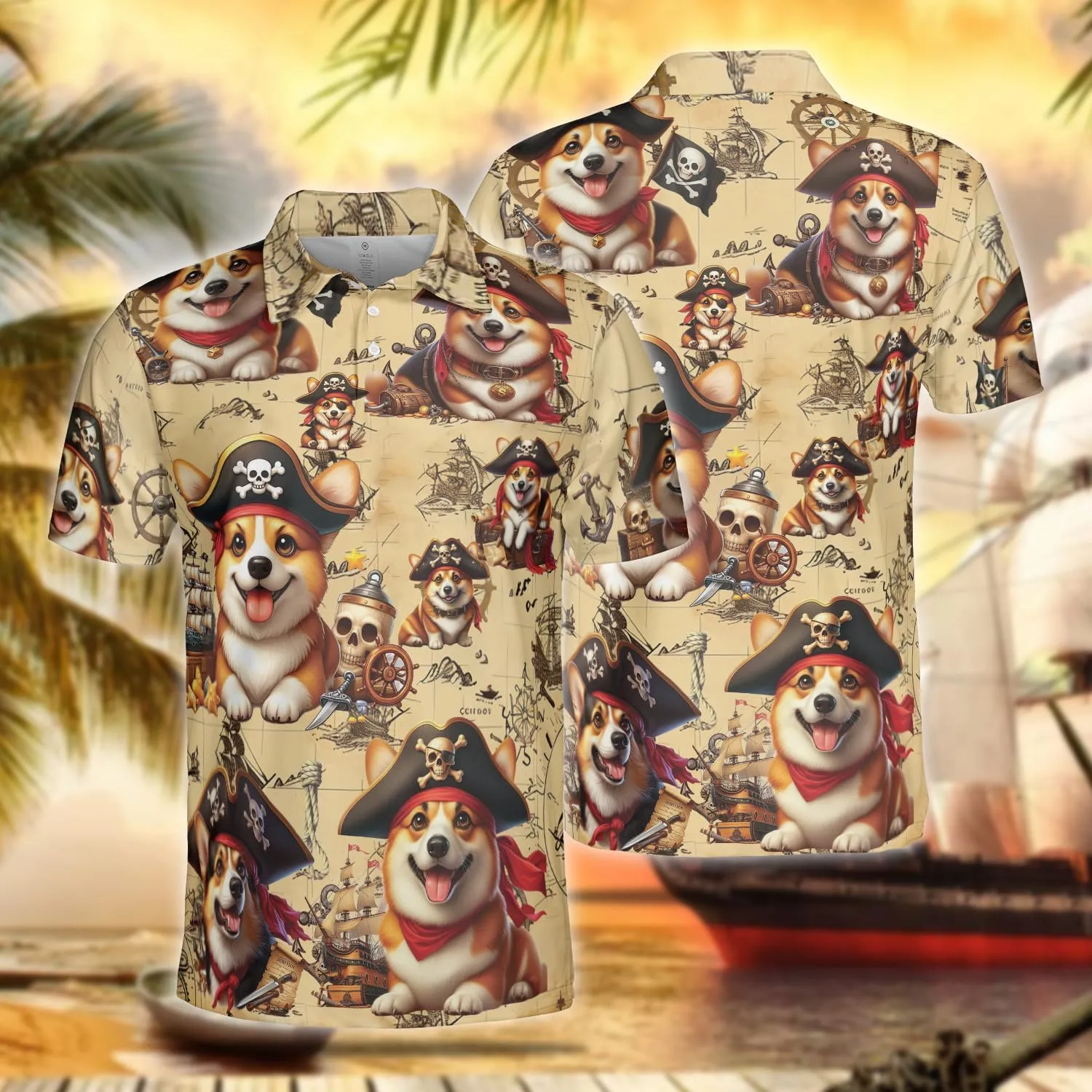 Pirate Dog Polo Shirts for Men - Sea Pirate Men's Regular Fit Quick Dry Golf Polo Shirt Series 14