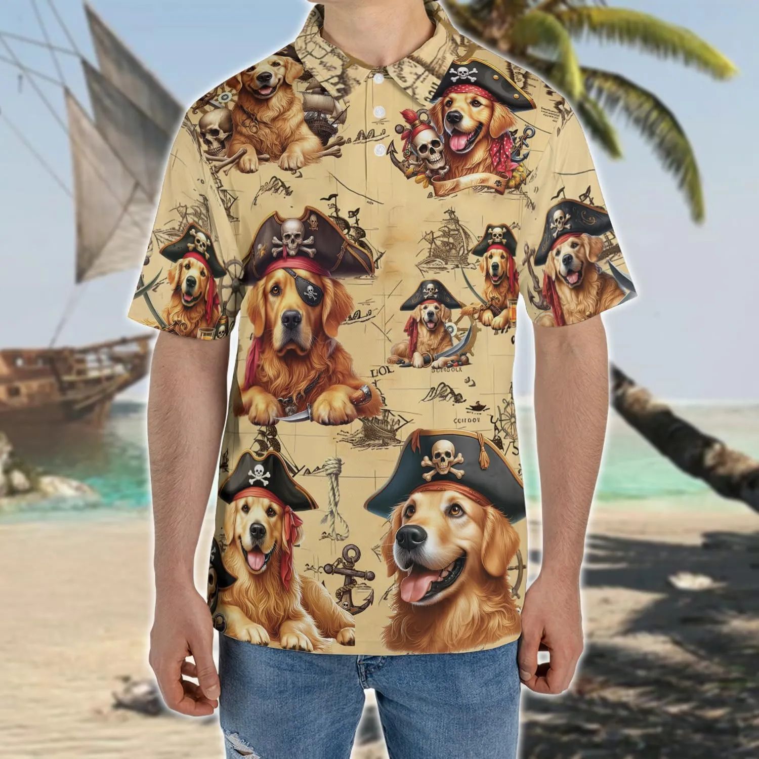 Pirate Dog Polo Shirts for Men - Sea Pirate Men's Regular Fit Quick Dry Golf Polo Shirt Series 14
