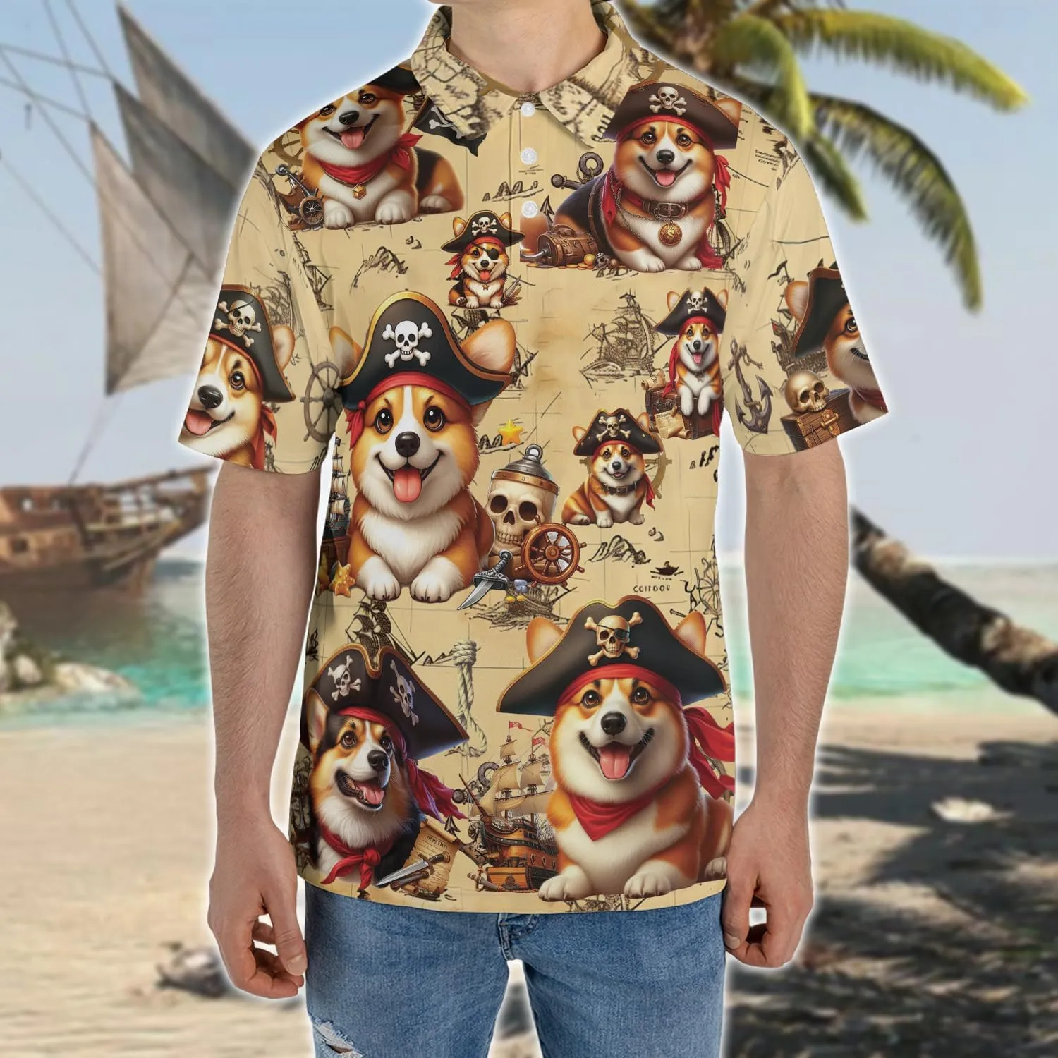Pirate Dog Polo Shirts for Men - Sea Pirate Men's Regular Fit Quick Dry Golf Polo Shirt Series 14