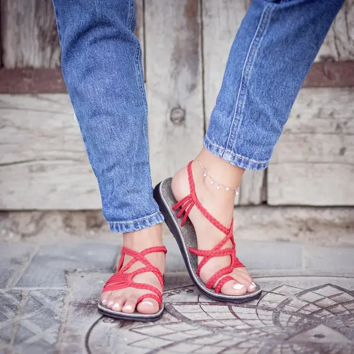 Plaka Red Palm Leaf Flat Sandals